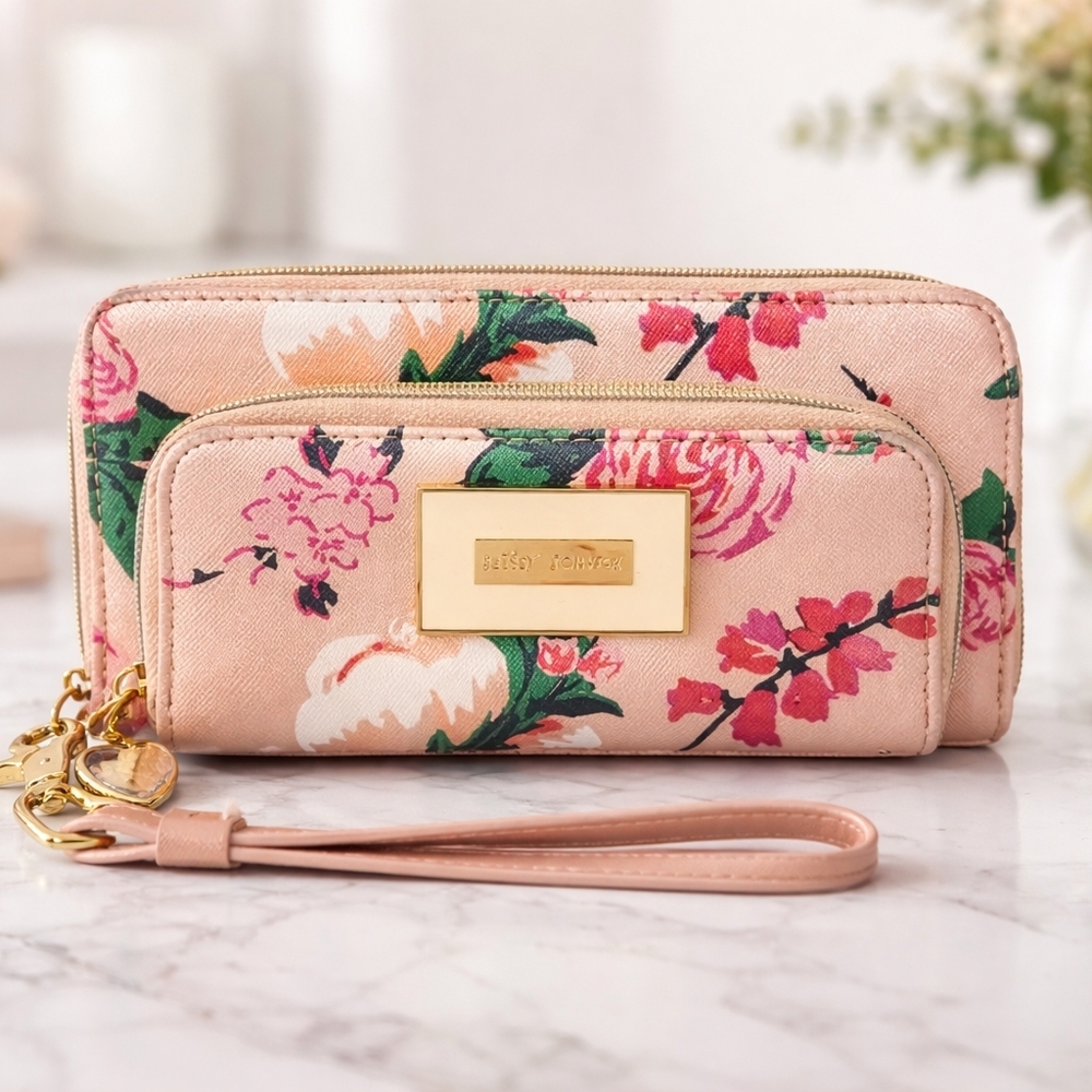 Betsey Johnson Pink Floral Wristlet Clutch